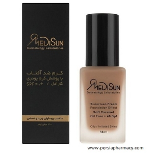 کرم ضد آفتاب با پوشش کرم پودری کارامل SPF40 مناسب پوست های چرب و حساس 30 میلی لیتر مدیسان MEDISUN